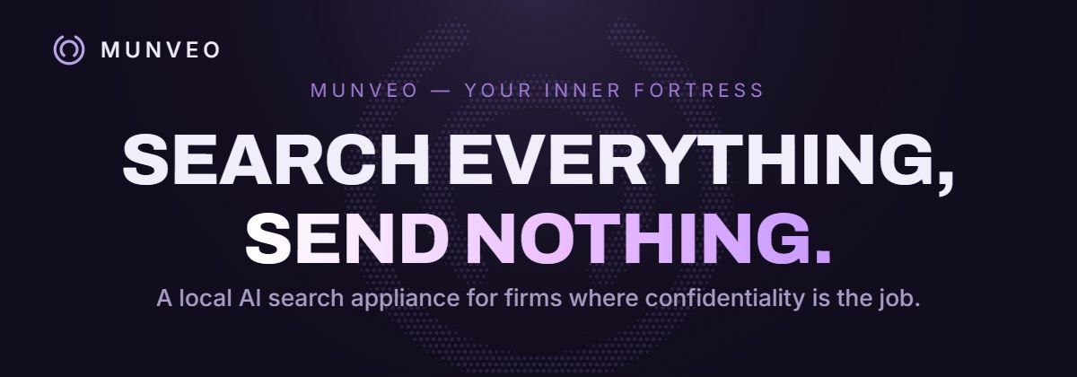 Munveo brand image: Search everything, send nothing.